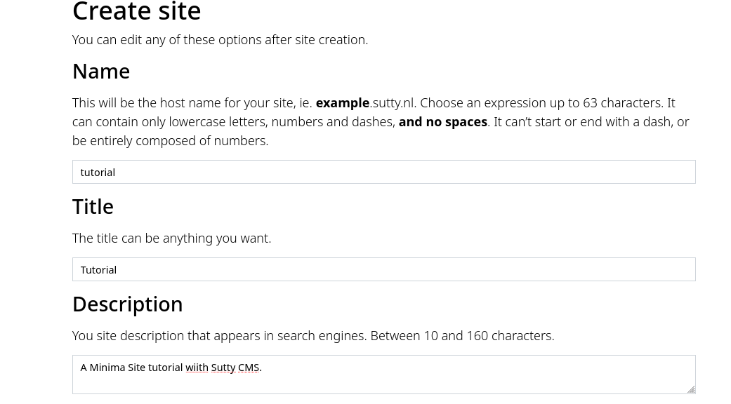 Text inputs for the name, title, and description. All set to "tutorial"