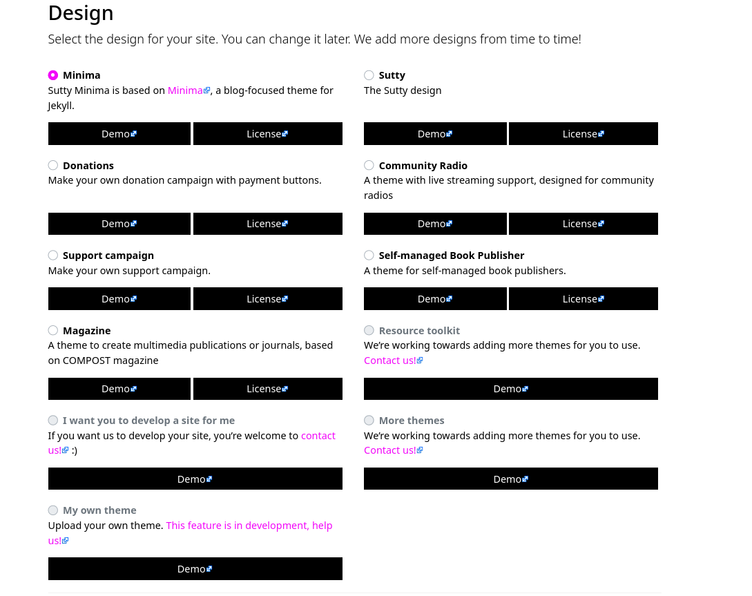 Grid of options for site templates. At the top are Minima and Sutty which are recommended.