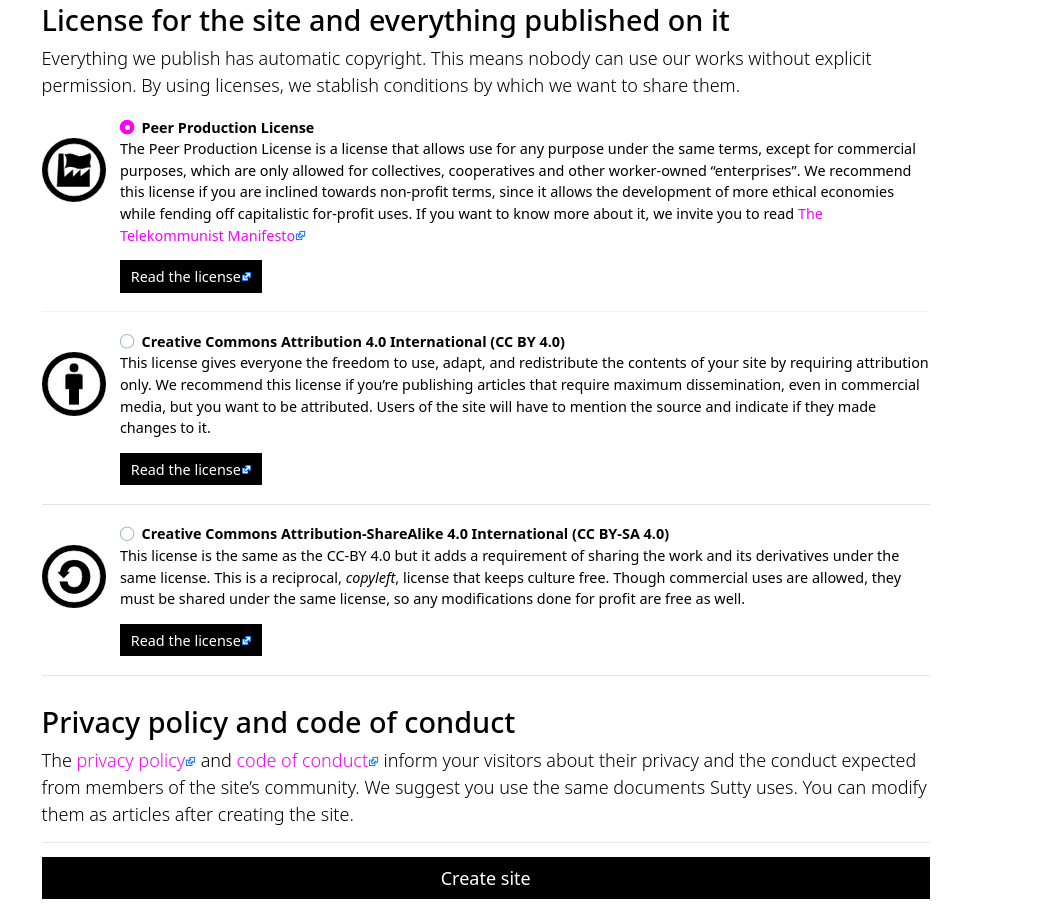 List of licenses with details on what they mean. Peer Production, Creative Comons Attribution, and Creative Commons Attribution Share Alike are visible.