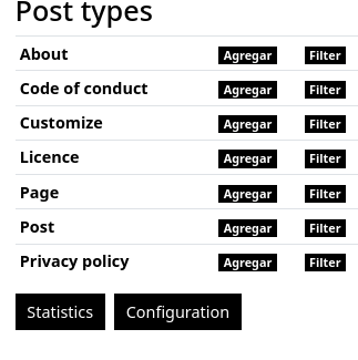 List of post types including "About", "License", and "Post"