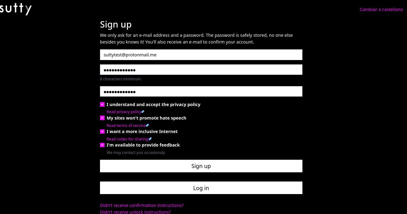 Screenshot of sutty's registration page with the email and password filled in with example data
